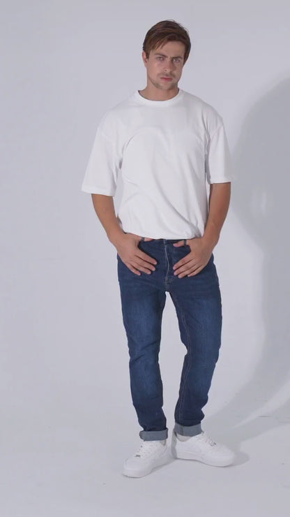 Basic navy blue jeans, slim fit